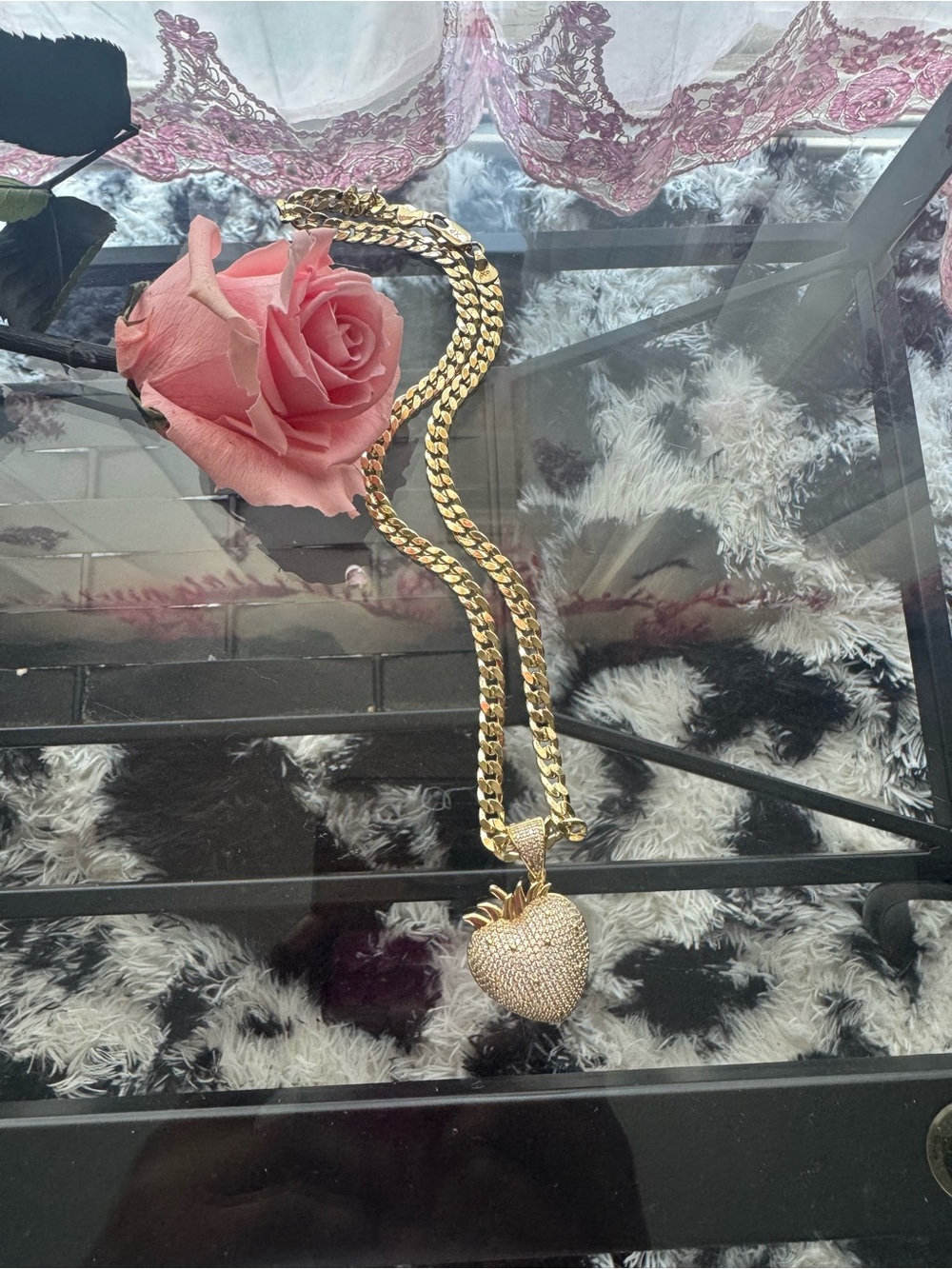 Gold-Tone Strawberry Pavé Pendant Necklace - Pink Accent